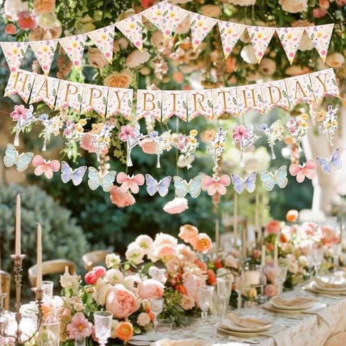 Image of Flower Birthday Decorations,Floral Birthday Banners,with Flower Bouquet Garland, Party Decorations for Girls Women