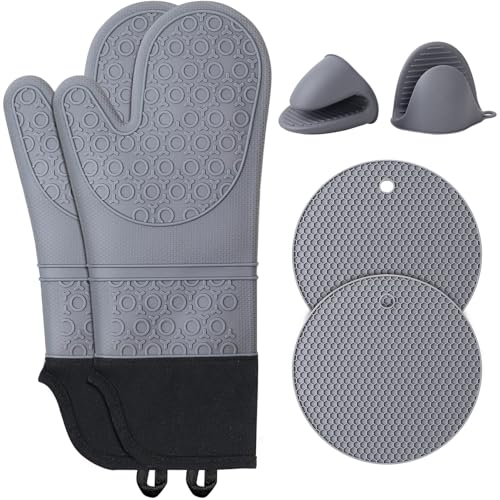 Ofenhandschuhe Topfhandschuhe Silikon Anti-Rutsch Hitzebeständige: 6er Set Ofenhandschuhe Topflappen Rutschfestes Silikon Lange Backhandschuhe Kochhandschuhe Ofen Handschuhe für Kochen Backen Grillen