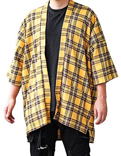 Men\'s Plaid Noragi Jacket Flannel Kimono Cardigan Oversized Haori Japan Yukata (Yellow)