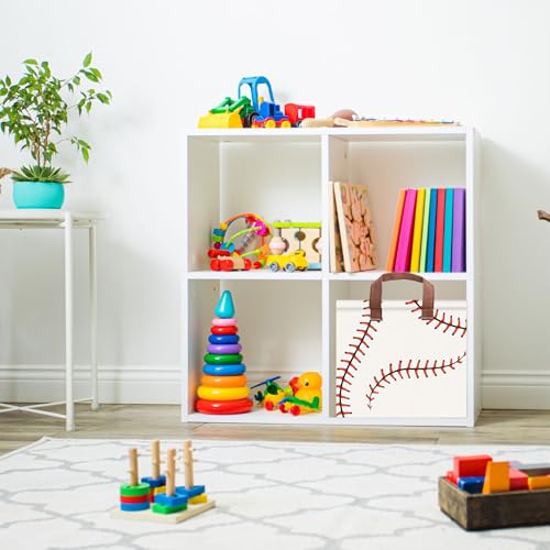 Image of Baseball Decor Storage Basket Waterproof Canvas Toy Storage Bin Baseball Room Decor Collapsible Outdoor Basket with Leather Handles Blanket Baskets For Closets,Bedrooms,Gifts Baskets