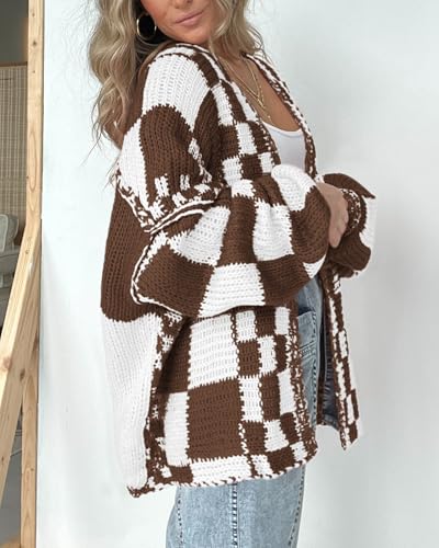 Image of BTFBM Casual Cardigan Sweater for Women Fall 2026 Long Sleeve Open Front Chunky Knit Sweaters Checkered Outwear Coat
