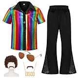 Bordazor Kids Disco Costume Sequins Shirts for Boys 6PCS Kids 60s 70s Disco Costume for Halloween Party Dress Up