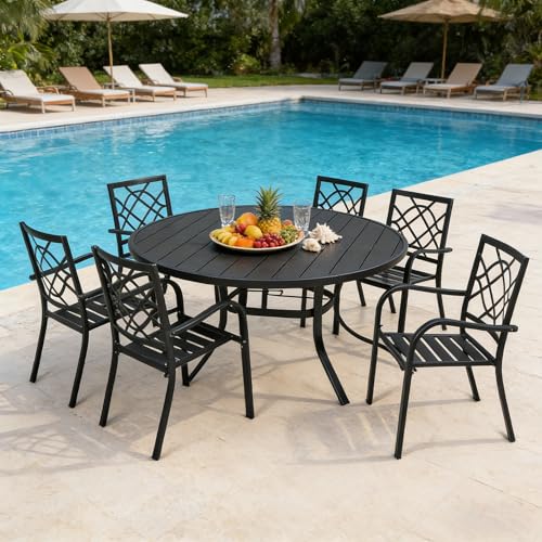 Image of SUNCROWN 7-Piece Outdoor Wrought Iron Chairs and Table Patio Dining Furniture Set - 6 Stackable Metal Chairs, 1 53 inch Round Steel Slat Bistro Table for Garden Backyard Deck