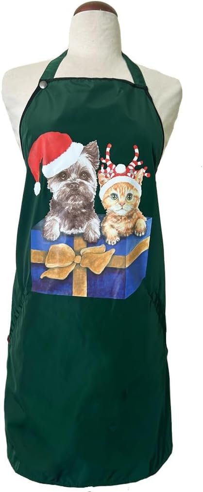 Ladybird Line 250 Santa Paws Holiday Print Waterproof, Hair Resistant Apron with an Adjustable Neckband for Hair Stylists, Pet Groomers and Pet Lovers- One Size Fits Most