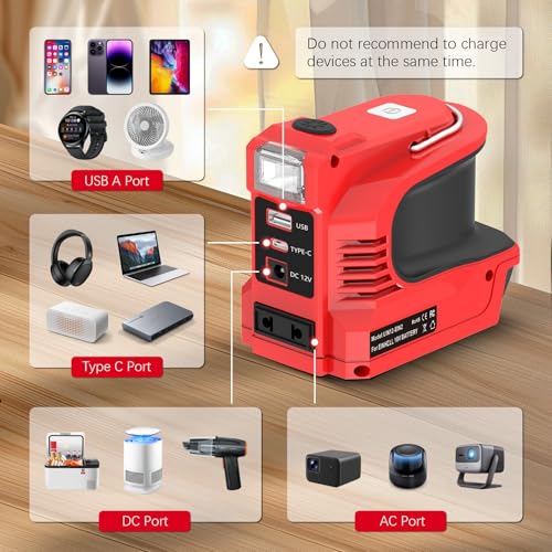 220W Akku Wechselrichter für Einhell 18V Akku，DC 18V auf AC 220V Spannungswandler Adapter mit USB Typ-C DC12V Anschluss und LED Lampe,Notstromaggregat für Camping(Akku Nicht enthalten)