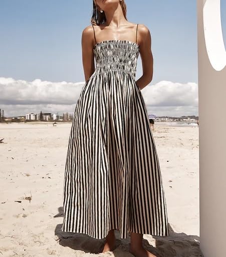 Women Striped Maxi Dress Smocked Backless Spaghetti Strap Long Flowy Dress Sleeveless Boho Aline Sundress4