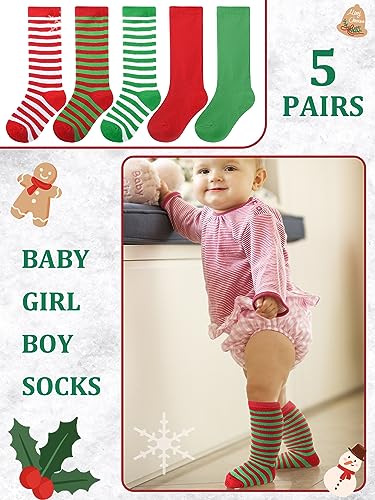 Foaincore 5 Pair Baby Christmas Knee High Socks Cotton Long Striped Tube Socks for Toddler Baby Boys Girls Christmas Wear2