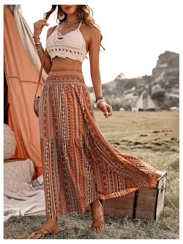 Milumia Women's Boho Tribal Swing Tiered A Line Maxi Skirt Smoked High Waist Flowy Ruffle Hem Long Skirts2