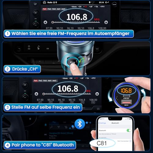 GizmoVine FM-Transmitter Auto, Bluetooth 5.3 Autoadapter, Vollmetall, 2X Schnellladung (PD 30W + QC3.0 18W), Freihändiges Telefonieren, Bassboost, LED-Anzeige, USB-Stick, 12V/24V Fahrzeuge