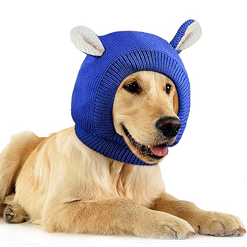 Image of Frienda Dog Ear Muffs Noise Protection, Neck 14.96 Inch Fits Medium Dogs, Knitted Calming Hood for Dogs, Fireworks Thunder Anxiety Relief, Fleece Inner Warm Beanie Hat(Royal Blue)