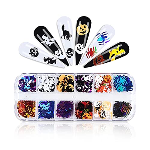 12 Grids Halloween Nail Art Glitter Sequins Charm Decals Decorate，3D Halloween Theme Holographic Glitter Broom Witch Ghost Spider Cat Skeleton Pumpkin Hholiday Design Diy For Women Nails Supplies #TOP2