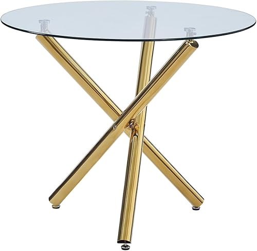 Miniatura 5 de 5PCS Glass Round Dining Table Set for 4 Compact Kitchen with Chairs Gold Modern Dinner Table & 4 PU Leather Chairs for Home KitchenLiving Room and