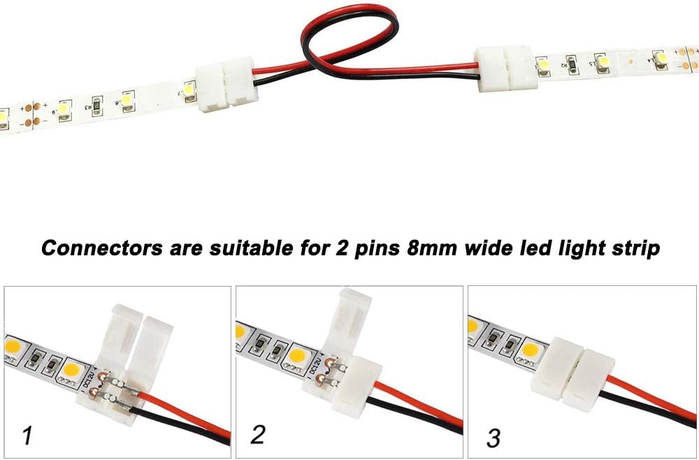 FULARR 15Pcs Professional 2 Pins LED Strip Light Connector, Non-Waterproof Snap Down Strip Connector, 8mm-Wide Strip to Strip Jumper Solderless Wire, 3528 / 2835 Single Color Strip Light Connector.