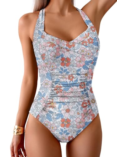 B2prity One Piece Swimsuit for Women Tummy Control Bathing Suits Ruched Slimming Swim Suit Push Up Tie Back Swimwear