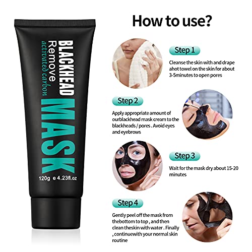 YAFUSIPE Peel Off Face Mask Blackhead Whiteheads Remover Masks Activated Charcoal Black Mask Purifying Peeling Facial Mask for Nose Pores Removal Cleansing Acne with Brush and Pimple Extractor Tools 4 PCS