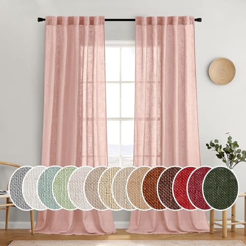 MIULEE Blush Pink Linen Curtains 90 Inch Long 2 Panels for Girls Bedroom Nursery, Soft Thick Linen Textured Window Drapes Semi Sheer Light Filtering Back Tab for Kids Living Room Light Pink Decor