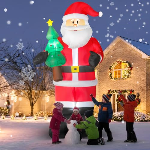 Omdekor Babbo Natale Gonfiabile 245 cm con LED, 8 Piedi, con Figura con Albero di Natale, Gigante Decorazione Natalizia IP44 Resistente alle Intemperie per Giardino, Cortile e Casa