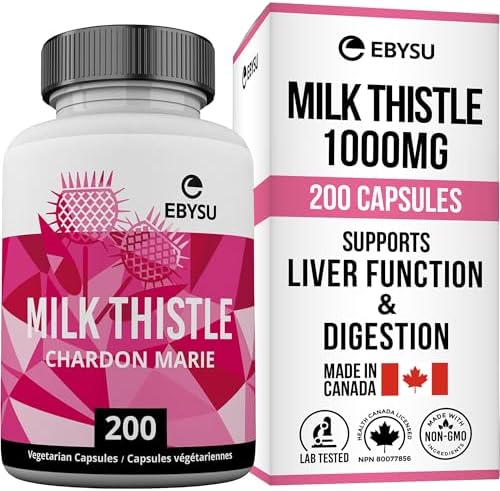 EBYSU Milk Thistle Capsules 1000mg (Made in Canada) – 200 Capsules – Liver Support – 4:1 Milk Thistle Supplement with Silymarin – Derived from 1000mg Seed – Helps Relieve Digestive Issues