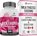EBYSU Capsules de chardon de lait 1000mg (Fabriqué au Canada) – 200 Capsules – Soutien du foie – 4:1 Supplément de chardon au lait avec Silymarin – Dérivé 1000mg Semences – Aide à résoudre les problèmes digestifs