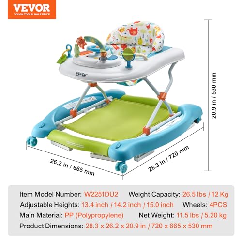 Image of VEVOR 4-in-1 Baby Walker, Folding Baby Activity Center with Wheels, 3 Adjustable Height, Music & Toys Tray, Learning-Seated | Walk-Behind | Rocker | Bouncer Toddler Walker for Girls Boys 6-24 Months