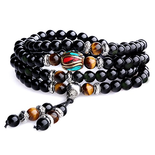 COAI Tiger Eye and Obsidian Malas Prayer Beads Bracelet