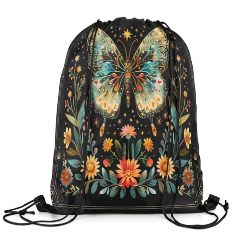 Castle Fairy Rainbow Butterfly Waterproof Drawstring Backpack,Rustic Botanical Flowers Boho Style String Bag Sackpack,Watercolor Jungle Butterfly Plants Foldable Draw String Back Bag Sports Bag3