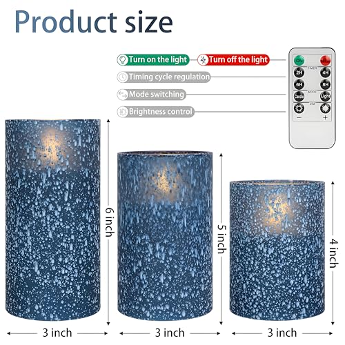 Image of Blue Flameless Candles with Remote, Real Wax Glass Battery Operated Candles with Timer, LED Pillar Candle for Bedroom Home Wedding Birthday Party Fall Halloween Christmas Decorations, Set of 3