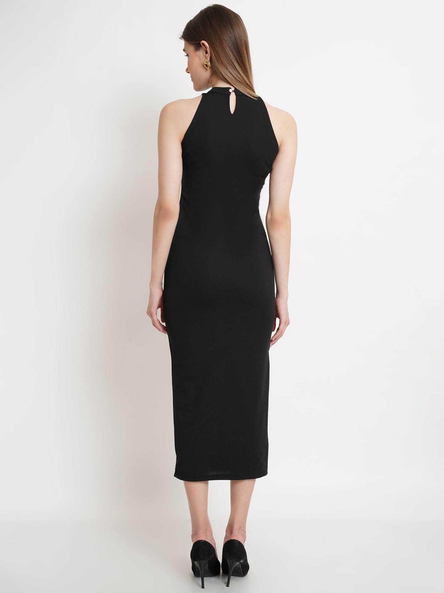 Popwings Women's Polyester Sheath Maxi Dress (Dopt00517_Black