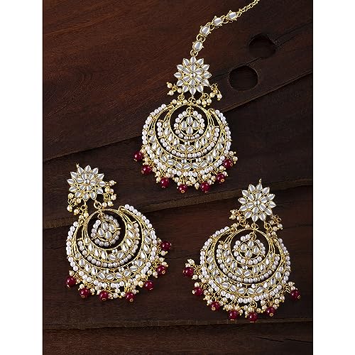 Image of Peora Traditional Jewellery Rhodium Kundan & Pearl Maang Tikka Earring Set for Women Girls