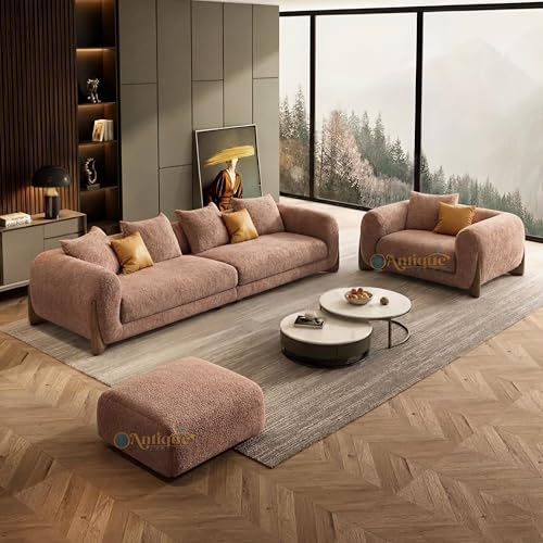 Image of Modern Sofa, Teddy Fabric, Chesterfield Style, Wooden Legs, for Living Room, Bedroom, Hallways (3+1+Ottoman, Light Brown)