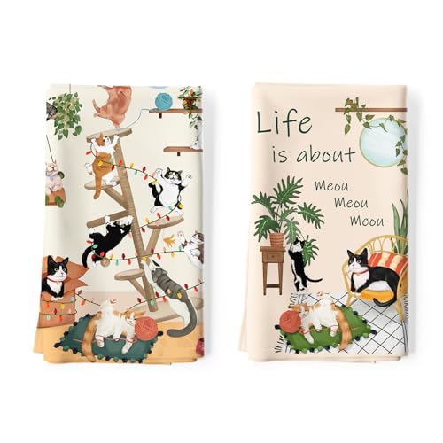 Arquiel 2 Piezas Paños de Cocina Lindo Gato Algodón Toallas de Cocina Suaves y Absorbentes Toallas de té y Toallas de Barra Decoración de Cocina Limpieza, 48 x 70 CM
