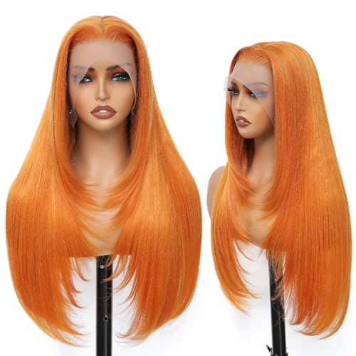WIGAGA Long Ginger Wig Synthetic Lace Front with Straight Layered