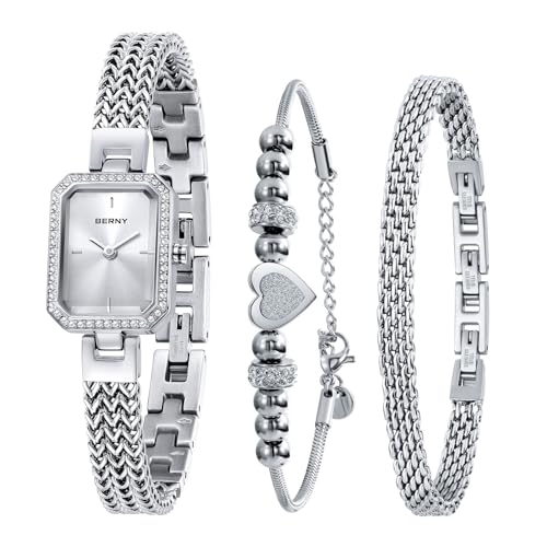 BERNY Silver Watches for Women Ladies Wrist Watch and Bracelet Set Dainty Quartz Bracelet Watch Premium Crystal Accented Fashion Luxury Birthday Present for Women-White Dial