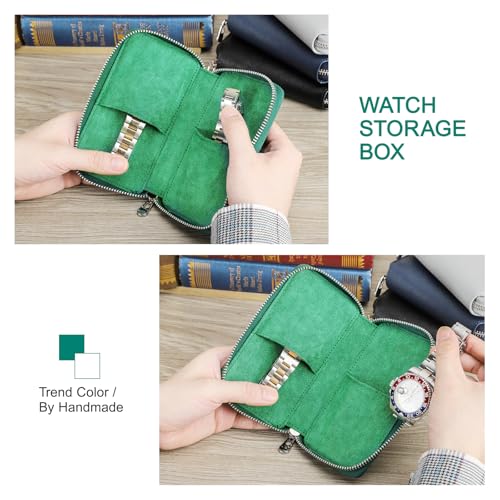 Image of CONTACT'S FAMILY Genuine Leather Watch Box Watches Organizer 2 Slot Zipper Watch Holder Pouch for Travel Vintage Watches Case and Storage Bag (Green)