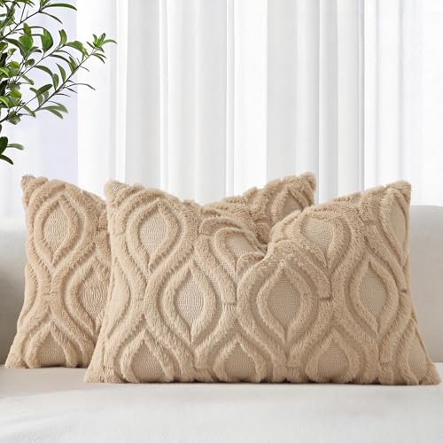 Image of decorUhome Fall Throw Pillow Covers 12x20 Inch Set of 2, Soft Plush Faux Wool Light Khaki Solid Couch Pillow Covers, Accent Farmhouse Neutral Rectangle Pillow Cases for Sofa Bed Living Room