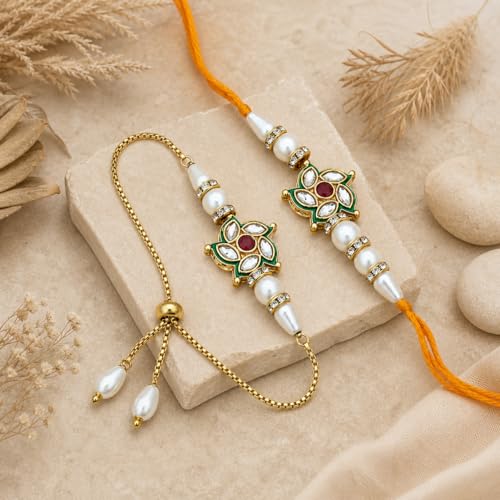 Image of Riddhika Ventures Glorious Gold Plated Religious Diamond Ring Rakhi || Traditional Rakhi Set of 2 & Festive Gift || Rakhi Gift Combo for Bhaiya Bhabhi (J5SM)