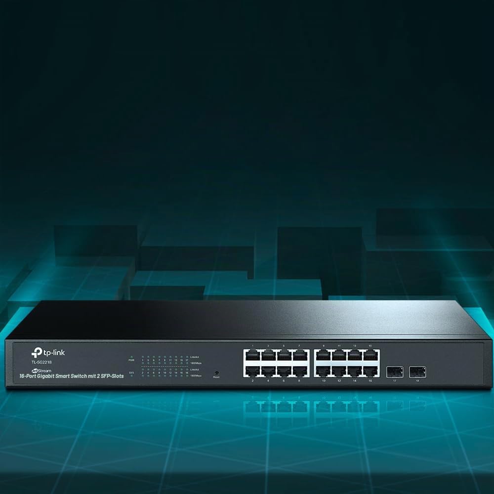 TP-Link TL-SG2218 16-Port Gigabit Managed Netzwerk LAN Switch mit 2 SFP-Slots (19 Zoll Rack-Montage, Zentrales Cloud-Management, Omada-SDN, IPv6, QoS, IGMP, LAN) schwarz,Geschäfts-Netzwerk