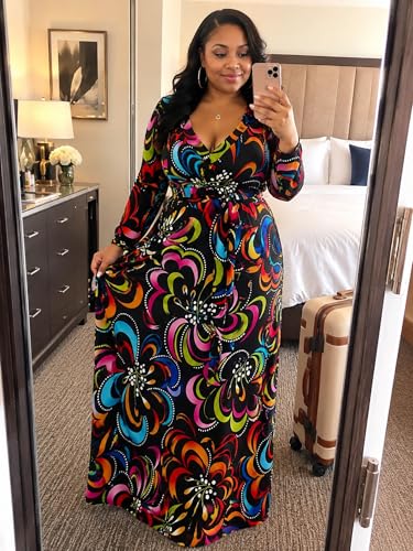 Image of PinkPatty Women's Long Sleeve Maxi Dress Plus Size Trendy Wedding Guest Dress with Pockets&Belt