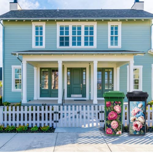 Image of Peacoblue Wheelie Bin Stickers 2 Sheets Peonies and Leaves Sticky Dustbin Stickers Decals, 15 inch x 32 inch Waterproof Large Wraps for Trash Cans Bins Fridges Door Wall Garden Outdoor Indoor Patio Decor