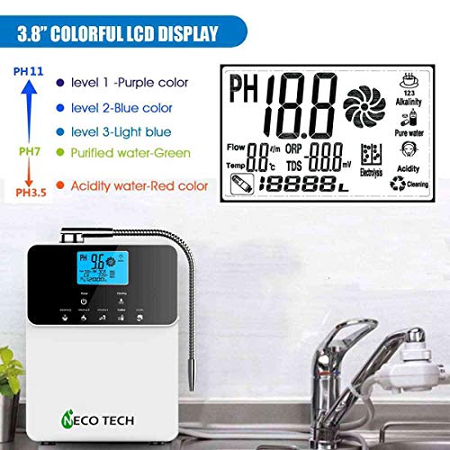 Image of NECO TECH AL-808A 11 Plates Alkaline Water Ionizer Machine | pH 3.5-10.5 | Hydrogen-Rich Antioxidant Water Generator | Touch Panel, Filter, ORP Display (White, 1 PCS)
