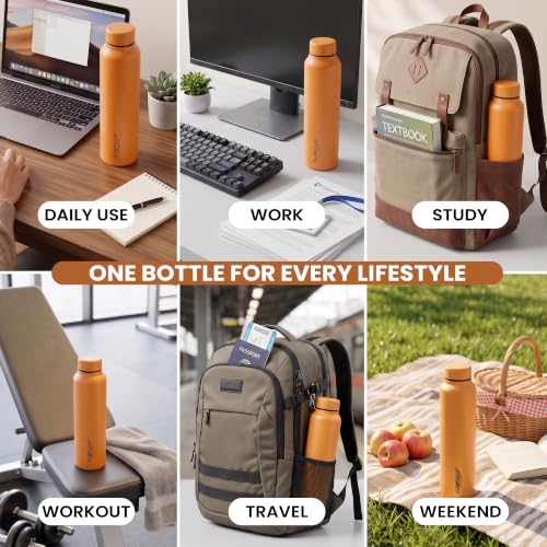 Image of CASPIAN / / / Astra Stainless Steel Water Bottle 1 litre (1000 ml) | Single Wall, Leakproof & BPA-Free | Reusable Metal Bottle for Fridge, Home, Office, Gym, School & Travel, Tangerine, Pack of 1