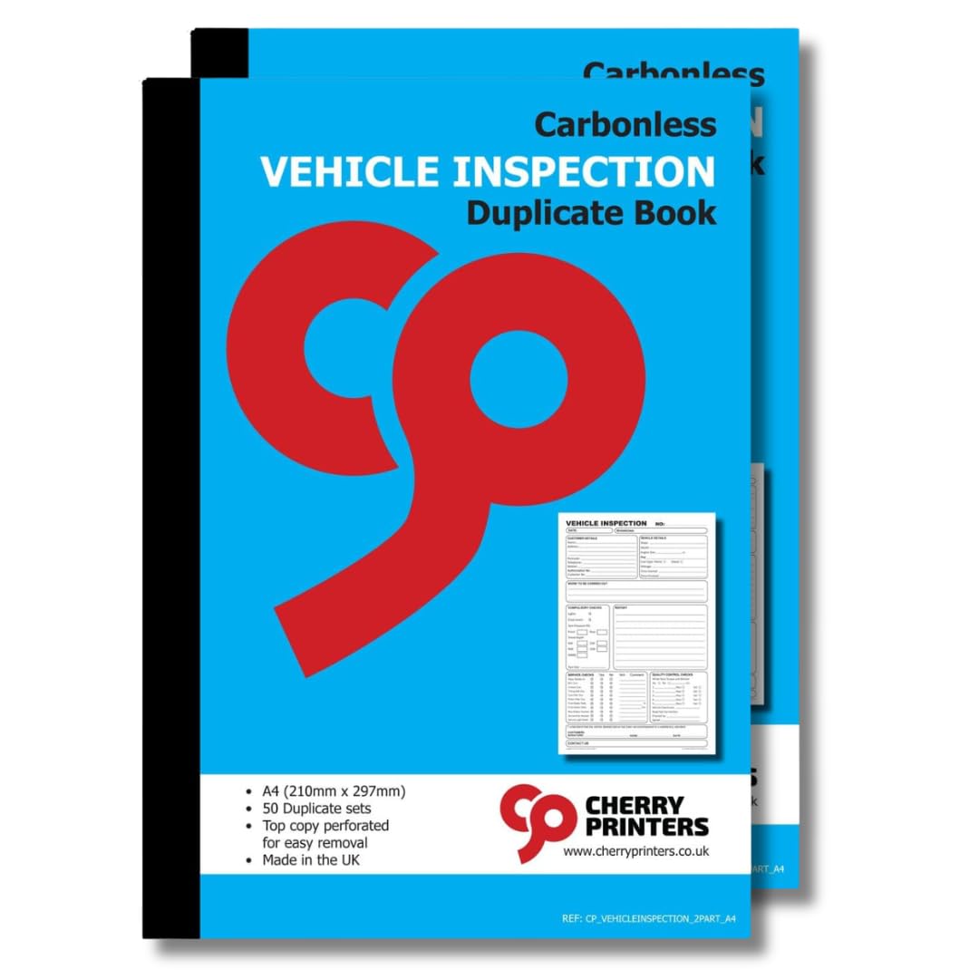 Cherry Printers Carbonless Vehicle Inspection Duplicate Book A4 | 50 Duplicate Sets | Top Copy Perforated for Easy Removal | Professional Record Pad for Vehicle Safety Checks | 2 Pack