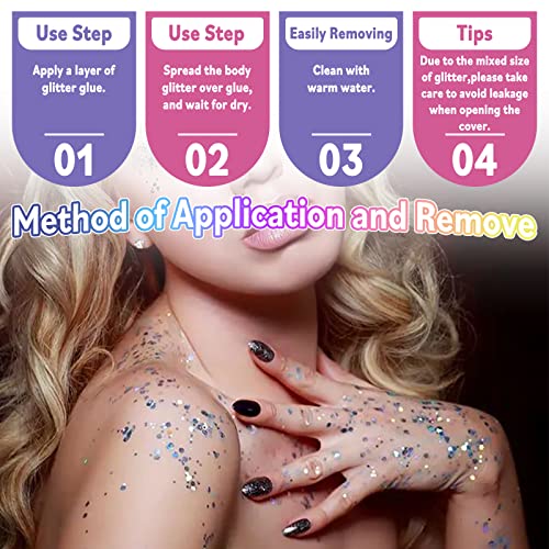 Laza Body Glitter, 2 Jars Holographic Chunky Sequins With Glitter Glue Perfect For Women Eyeshadow Makeup Face Paint Festival Rave Outfits Hair Accessories Carnival Party Costumes - Bright Gold Silver #TOP3