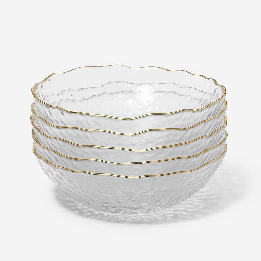 Small Hammered Glass Bowl with Gold Rim 5.5"(14cm) Clear Crystal Dessert Bowl, Textured Ice-Pattern Serving Bowl for Snacks, Fruits, Ice Cream & Salads – Irregular Edge Transparent Gold-Trim Tableware — image 1