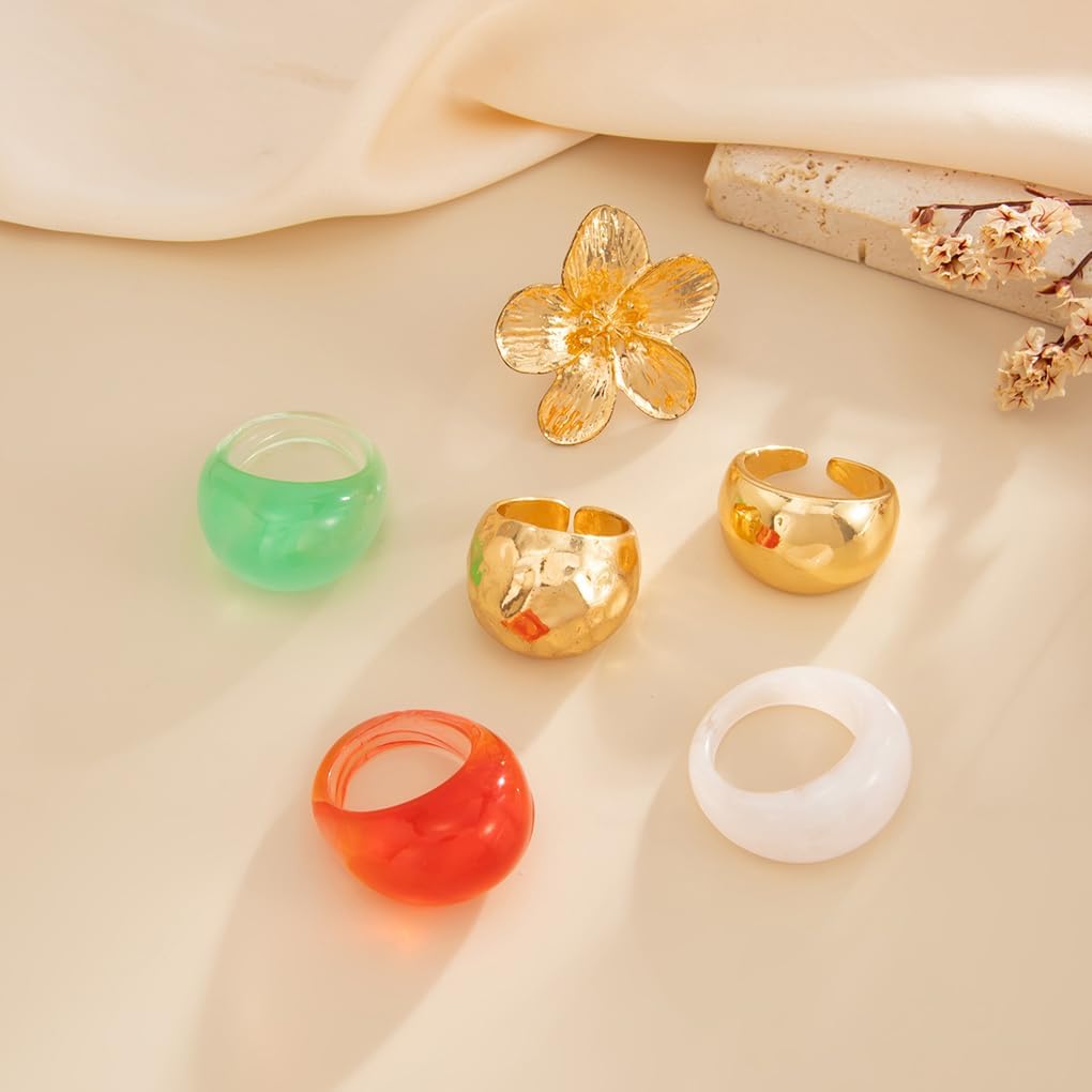 Gold Flower Statement Ring Set for Women,Vintage Chunky Colorful Knuckle Rings Stackable Resin Rings,Formal Jewelry Accessories Prom Gift - Image 7
