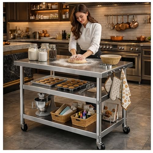 Stainless Steel Table with Wheels for Food Preparation and Work, Multi-Size Optional, Three-Layer Variable Two-Layer Metal Commercial Workbench Outdoor, Restaurant, Kitchen (48