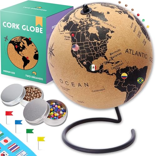 Medium Cork Globe 9.4' Tall | World Travel Map with Metallic, Colored & National Flags Push Pins |...