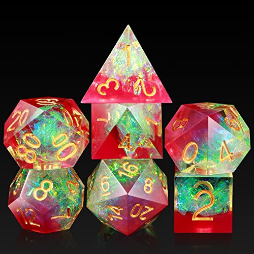 Rose DND Dice Set,DNDND Handmade Sharp Edge Dungeons and Dragons Dice Set including Gorgeous Gift Case for DND (Rose and Tranlucent with Gold Number)