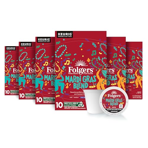 Image of Folgers Mardi Gras Blend Medium-Dark Roast Coffee, Keurig K-Cup pods, 10 Count Box (Pack of 6)