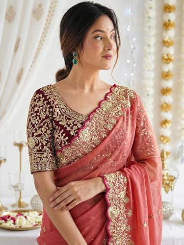 Image of SIRIL Women's Shimmer Georgette Scalloped Border Sequins Embroidery Saree with Unstitched Blouse Piece